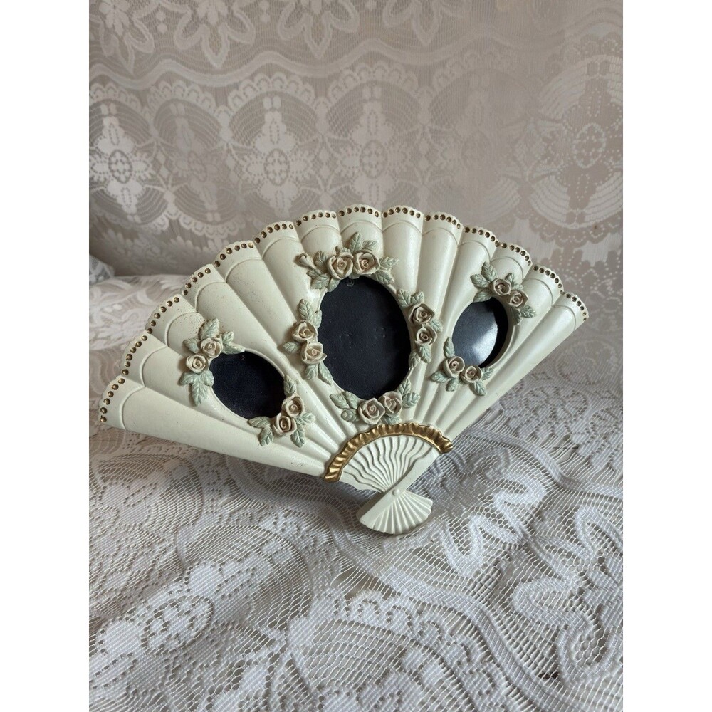 Vintage Fan Shaped Triple Photo Frame Pink Roses Cottagecore Grannycore Pastel